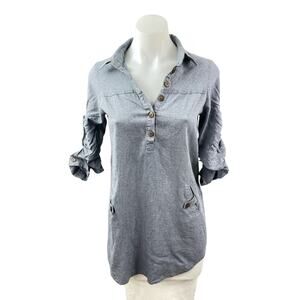 Poetry Women's Gray Linen Half Sleeve Button Front Collared Henley Shirt Top M